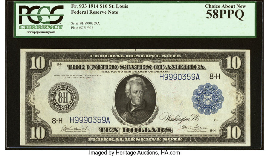 image for: Fr. 933 $10 1914 Federal Reserve Note PCGS Choice About New 58PPQ....