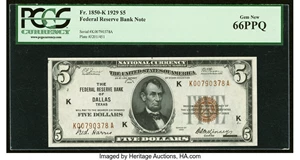 image for: Fr. 1850-K $5 1929 Federal Reserve Bank Note. PCGS Gem New 66PPQ....