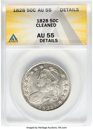 image for: 1828 50C Square Base 2, Small 8s, Large Letters, O-116, R.2 -- Cleaned -- ANACS Details. AU55. Mintage 3,075,200....
