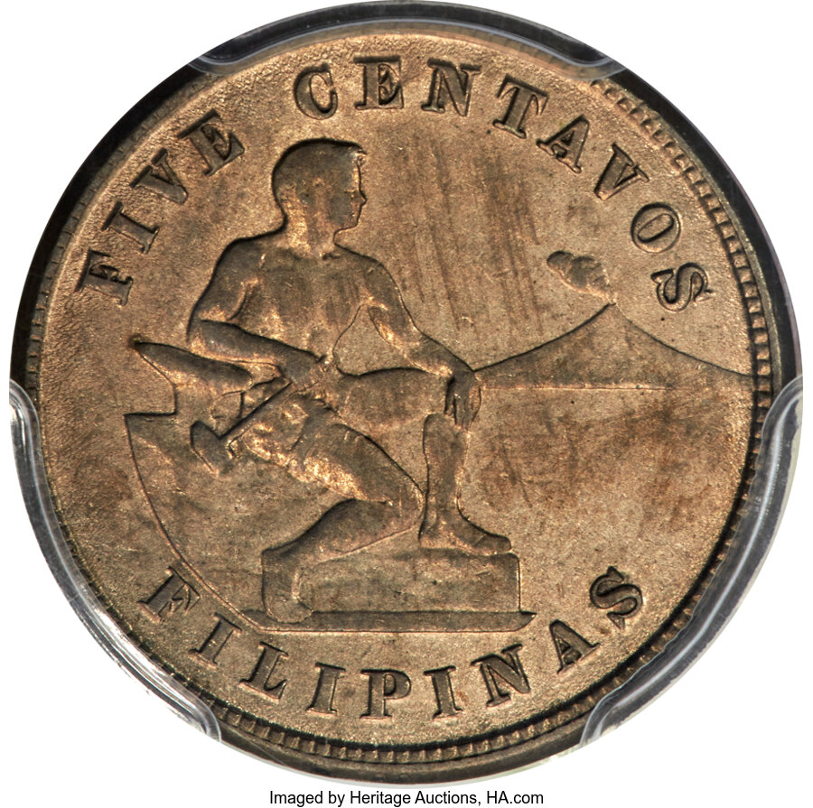 image for: 1918-S 5C Philippines 5 Centavos, Mule, Allen-4.08b, AU55 PCGS. This 5 centavos piece was minted using the reverse die of t...