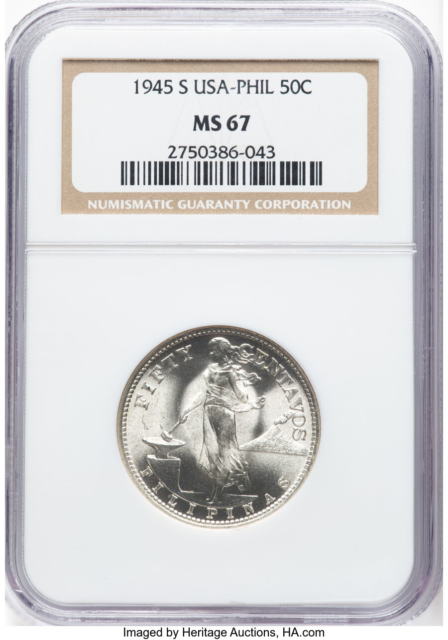 image for: 1945-S 50C Philippines 50 Centavos MS67 NGC. NGC Census: (31/0).  Mintage 18,120,000....