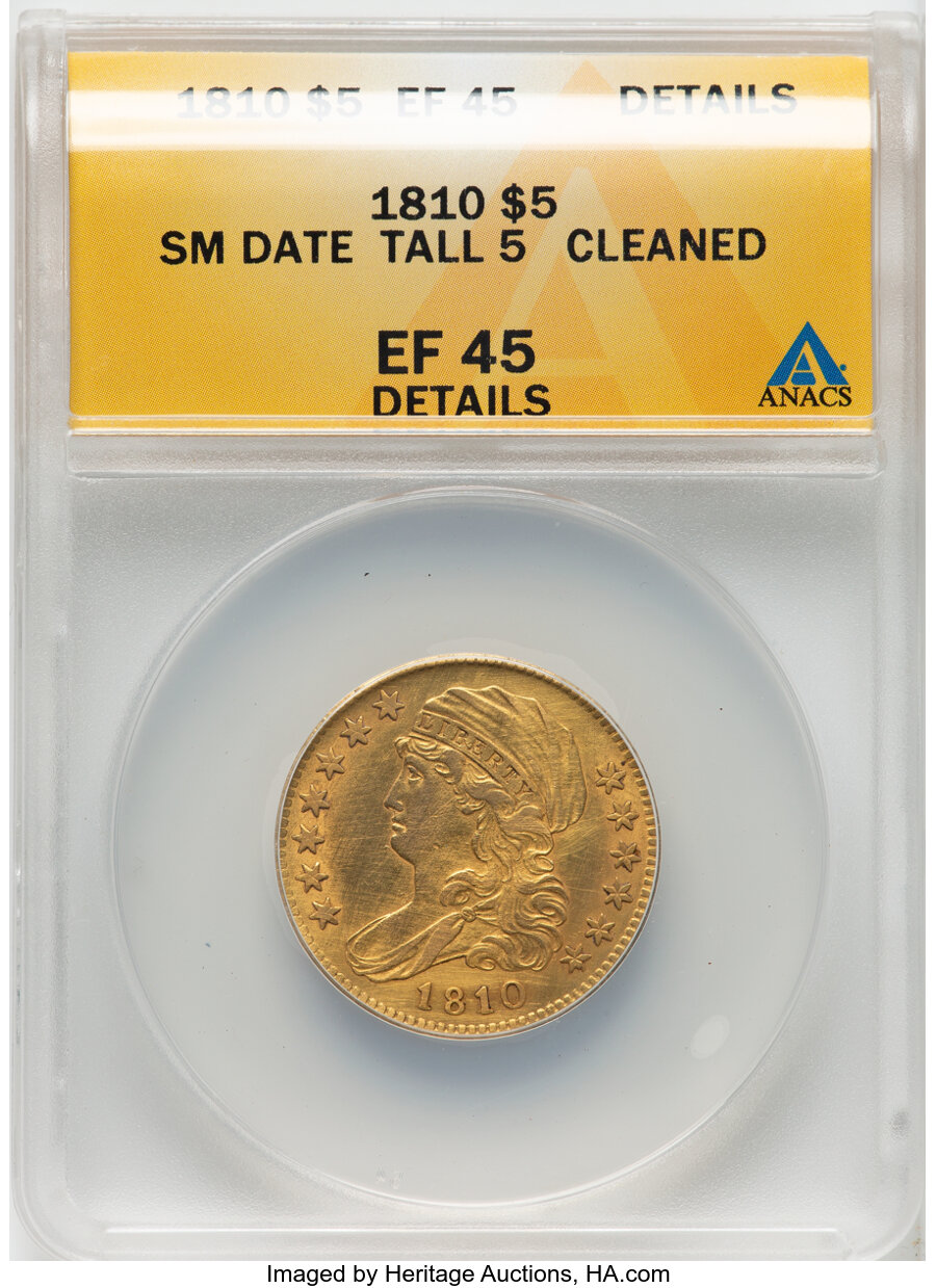 image for: 1810 $5 Small Date, Tall 5, BD-1, High R.3 -- Cleaned -- ANACS Details. XF45.  Mintage 100,287....