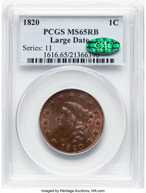 image for: 1820 1C Large Date, N-13, R.1, MS65 Red and Brown PCGS. CAC. CAC Population: (28/7). Mintage 4,407,550....