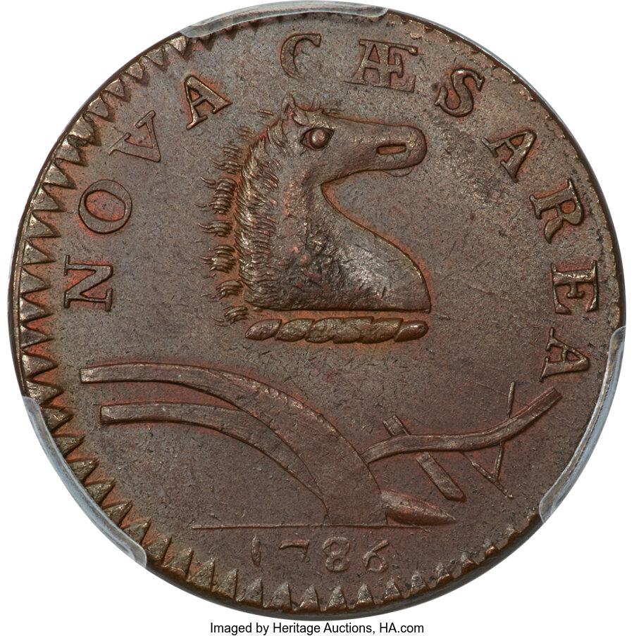 image for: 1786 New Jersey Copper, Curved Plow Beam, M. 24-P, W-4965, R.2, MS64+ Brown PCGS....