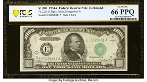 image for: Fr. 2212-E $1,000 1934A Federal Reserve Note. PCGS Banknote Gem Unc 66 PPQ....
