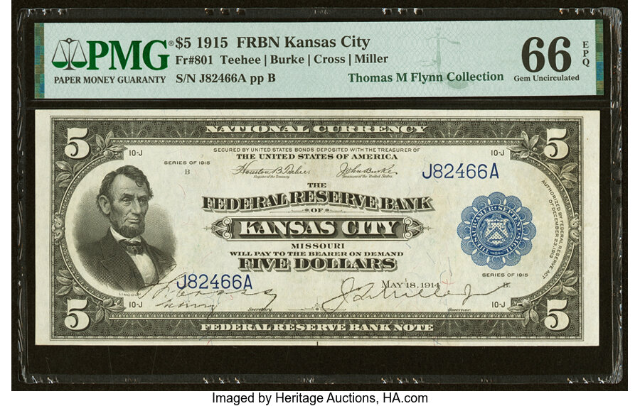 image for: Fr. 801 $5 1915 Federal Reserve Bank Note PMG Gem Uncirculated 66 EPQ....