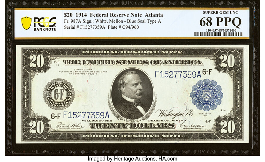 image for: Fr. 987a $20 1914 Federal Reserve Note PCGS Banknote Superb Gem Unc 68 PPQ....