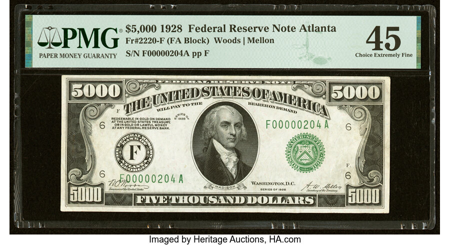 image for: Fr. 2220-F $5,000 1928 Federal Reserve Note. PMG Choice Extremely Fine 45....