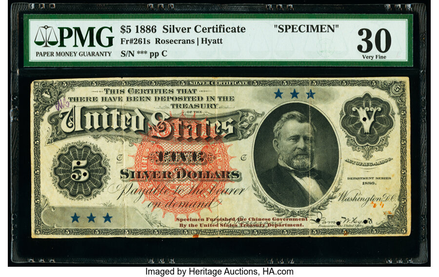 image for: Fr. 261 Hessler UNL $5 1886 Silver Certificate Specimen PMG Very Fine 30....