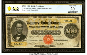 image for: Fr. 1216a $500 1882 Gold Certificate PCGS Banknote Very Fine 20 Details....