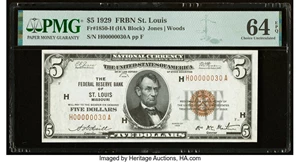 image for: Low Serial Number 30 Fr. 1850-H $5 1929 Federal Reserve Bank Note. PMG Choice Uncirculated 64 EPQ....