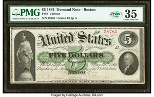 image for: Fr. 3 $5 1861 Demand Note PMG Choice Very Fine 35....