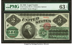 image for: Fr. 41 $2 1862 Legal Tender PMG Choice Uncirculated 63 EPQ....