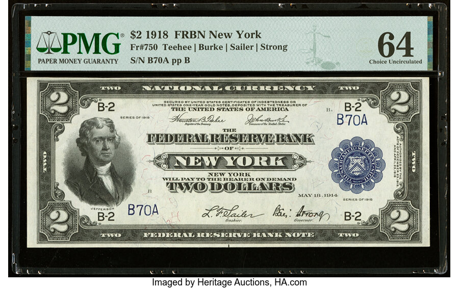 image for: Low Serial Number B70A Fr. 750 $2 1918 Federal Reserve Bank Note PMG Choice Uncirculated 64....