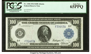image for: Fr. 1104 $100 1914 Federal Reserve Note PCGS Gem New 65PPQ....