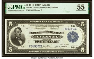 image for: Fr. 790 $5 1918 Federal Reserve Bank Note PMG About Uncirculated 55....