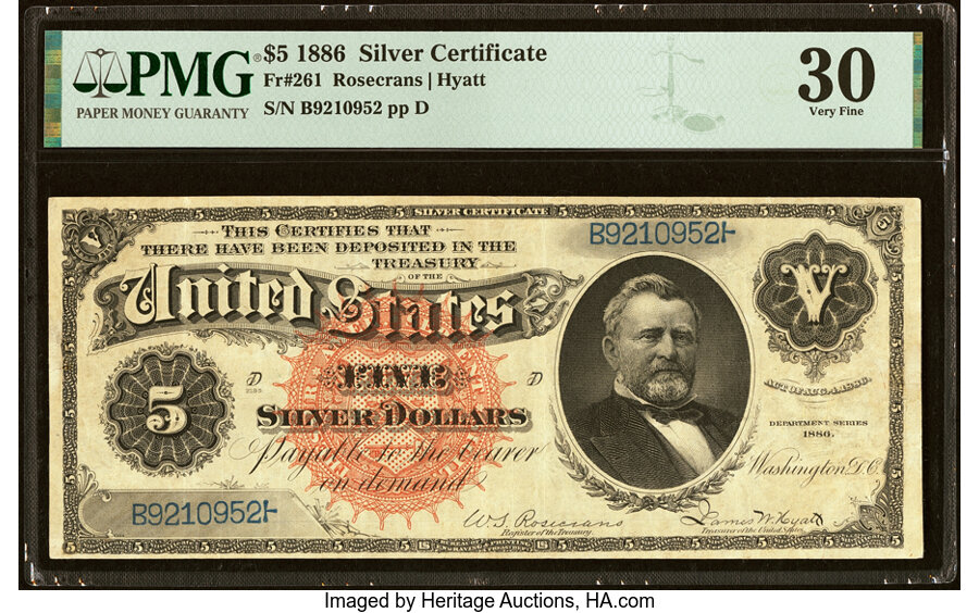 image for: Fr. 261 $5 1886 Silver Certificate PMG Very Fine 30....