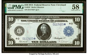 image for: Fr. 918* $10 1914 Federal Reserve Star Note PMG Choice About Unc 58....