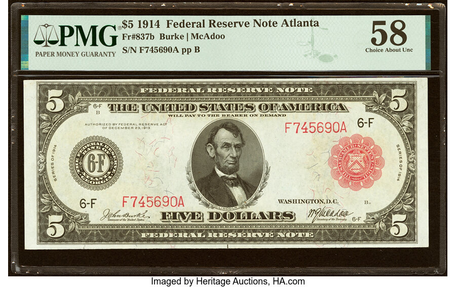 image for: Fr. 837b $5 1914 Red Seal Federal Reserve Note PMG Choice About Unc 58....