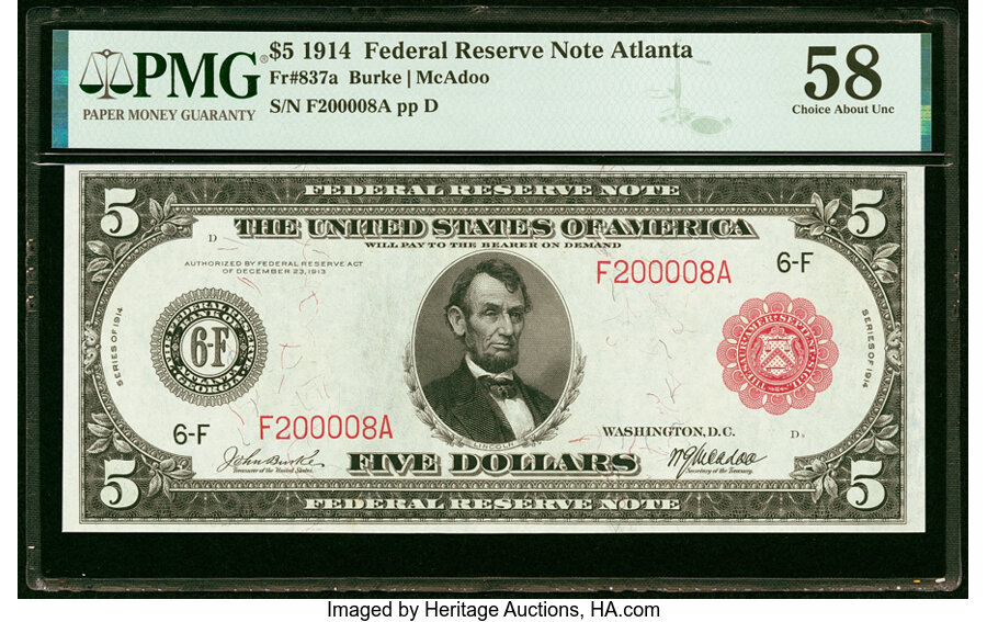 image for: Fr. 837a $5 1914 Red Seal Federal Reserve Note PMG Choice About Unc 58....