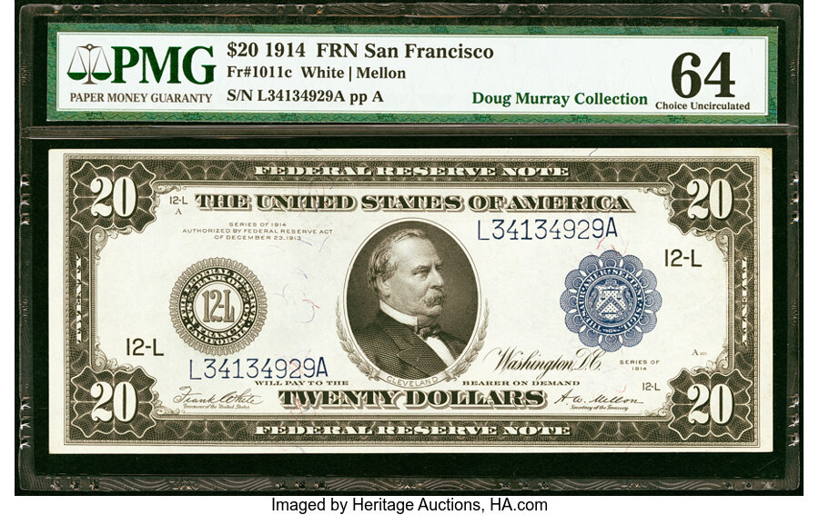image for: Fr. 1011c $20 1914 Federal Reserve Note PMG Choice Uncirculated 64....