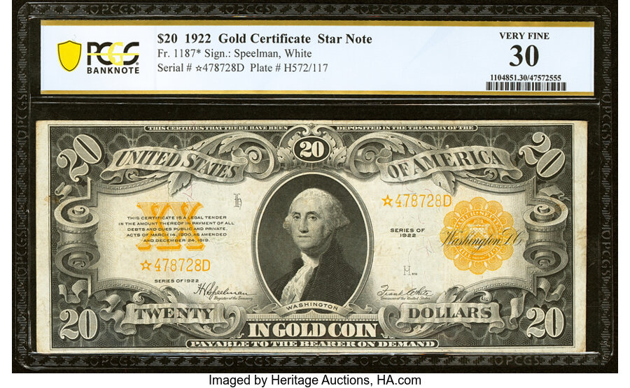 image for: Fr. 1187* $20 1922 Gold Certificate Star PCGS Banknote Very Fine 30....