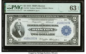 image for: Fr. 748 $2 1918 Federal Reserve Bank Note PMG Choice Uncirculated 63 EPQ....