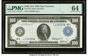 image for: Fr. 1128 $100 1914 Federal Reserve Note PMG Choice Uncirculated 64....