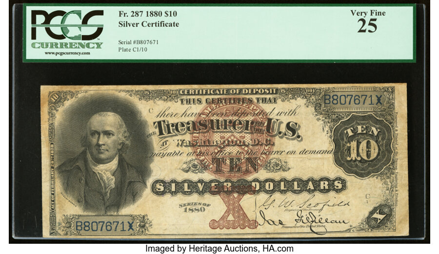 image for: Fr. 287 $10 1880 Silver Certificate PCGS Very Fine 25....