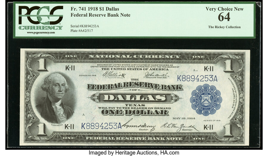 image for: Fr. 741 $1 1918 Federal Reserve Bank Note PCGS Very Choice New 64....