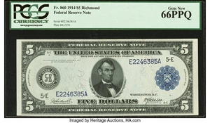 image for: Fr. 860 $5 1914 Federal Reserve Note PCGS Gem New 66PPQ....