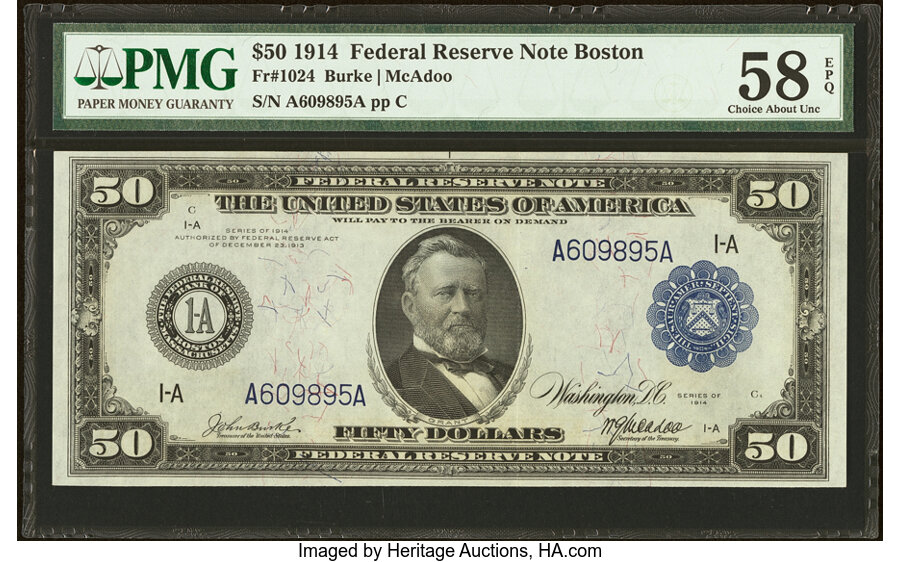 image for: Fr. 1024 $50 1914 Federal Reserve Note PMG Choice About Unc 58 EPQ....