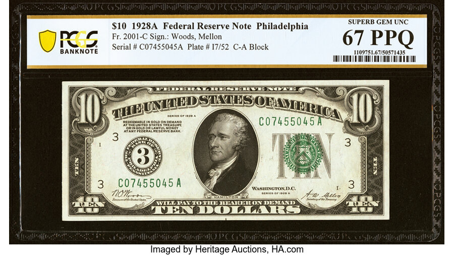 image for: Fr. 2001-C $10 1928A Federal Reserve Note. PCGS Banknote Superb Gem Unc 67 PPQ....