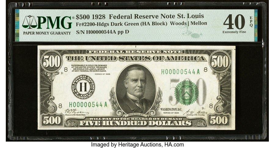 image for: Fr. 2200-H $500 1928 Federal Reserve Note. PMG Extremely Fine 40 EPQ....