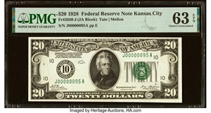 image for: Low Serial Number 95 Fr. 2050-J $20 1928 Federal Reserve Note. PMG Choice Uncirculated 63 EPQ....