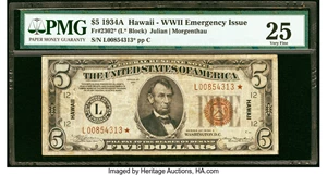image for: Fr. 2302* $5 1934A Hawaii Federal Reserve Star Note. PMG Very Fine 25....