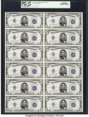 image for: Fr. 1652 $5 1934B Silver Certificates. Uncut Sheet of 12. PCGS Gem New 65PPQ....