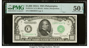 image for: Fr. 2212-C $1,000 1934A Federal Reserve Note. PMG About Uncirculated 50 EPQ....