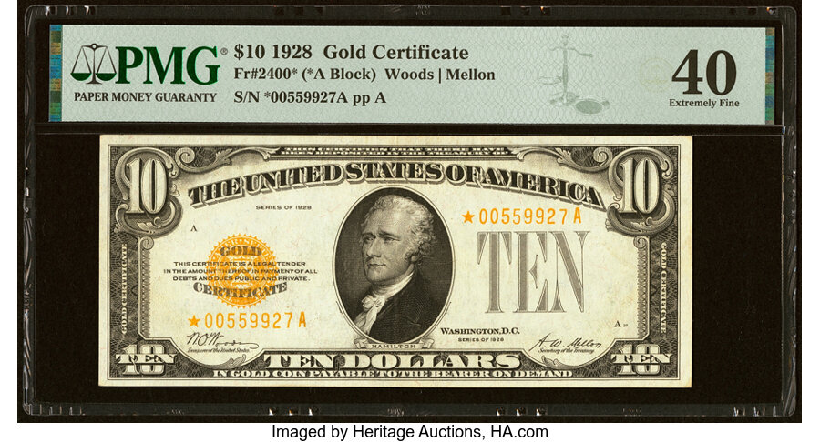 image for: Fr. 2400* $10 1928 Gold Certificate Star. PMG Extremely Fine 40....