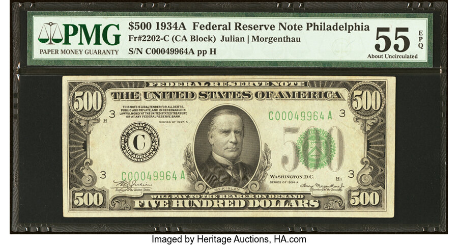 image for: Fr. 2202-C $500 1934A Federal Reserve Note. PMG About Uncirculated 55 EPQ....