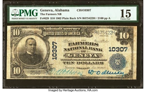 image for: Geneva, AL - $10 1902 Plain Back Fr. 629 The Farmers National Bank Ch. # 10307 PMG Choice Fine 15....