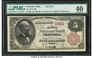 image for: Fostoria, OH - $5 1882 Brown Back Fr. 466 The First National Bank Ch. # 2831 PMG Extremely Fine 40....