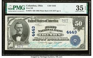 image for: Columbus, OH - $50 1902 Plain Back Fr. 678 First National Bank Ch. # 4443 PMG Choice Very Fine 35 EPQ....