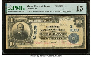 image for: Mount Pleasant, TX - $10 1902 Plain Back Fr. 631 The State National Bank Ch. # (S)6139 PMG Choice Fine 15....