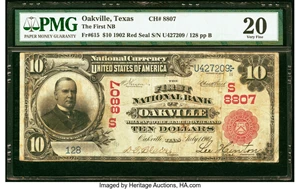 image for: Oakville, TX - $10 1902 Red Seal Fr. 615 The First National Bank Ch. # (S)8807 PMG Very Fine 20....