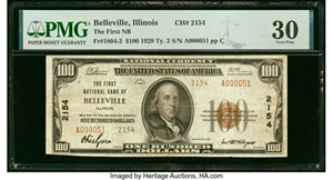 image for: Belleville, IL - $100 1929 Ty. 2 The First National Bank Ch. # 2154 PMG Very Fine 30....