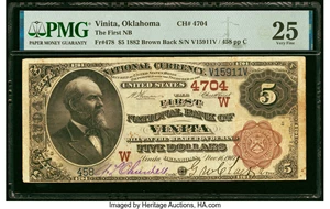 image for: Vinita, OK - $5 1882 Brown Back Fr. 478 The First National Bank Ch. # (W)4704 PMG Very Fine 25....