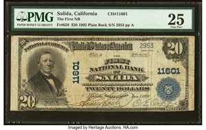 image for: Salida, CA - $20 1902 Plain Back Fr. 659 The First National Bank Ch. # 11601 PMG Very Fine 25....