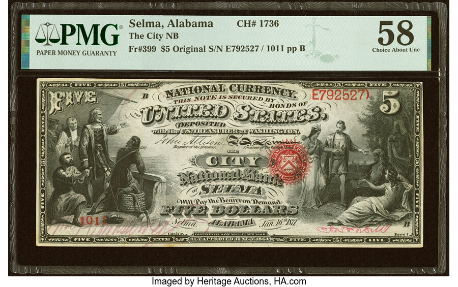 image for: Selma, AL - $5 Original Fr. 399 The City National Bank Ch. # 1736 PMG Choice About Unc 58....