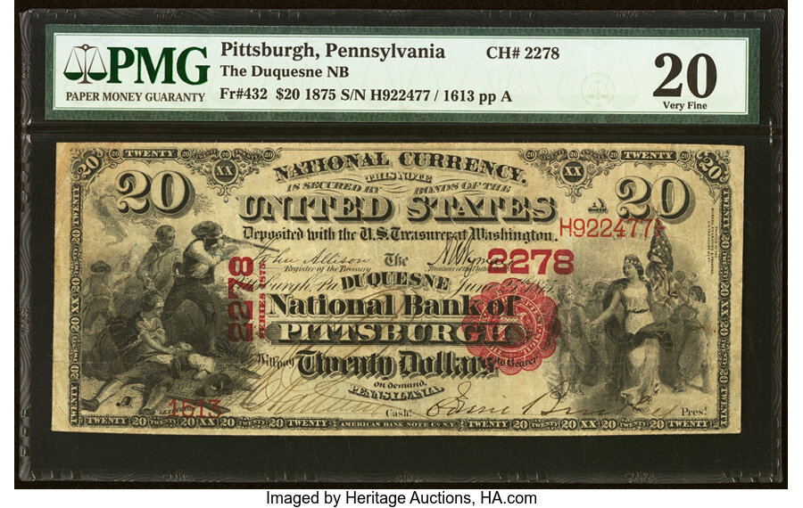 image for: Pittsburgh, PA - $20 1875 Fr. 432 The Duquesne National Bank Ch. # 2278 PMG Very Fine 20....